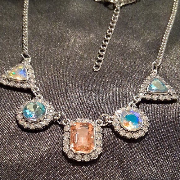 paparazzi Jewelry - Paparazzi Party Ave.Silver Necklace with Blue and Peach Irradecent Crystals. 22